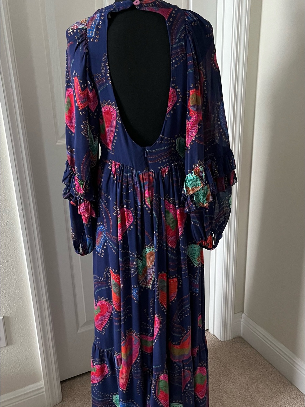 FARM Rio Shiny Hearts Ruffle Maxi Dress in Navy – Size M (Open Back) - Picture 4 of 7